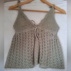 NWOT Zara Gorgeous Crochet Knit Tie Front Summer Top Olive Green Large